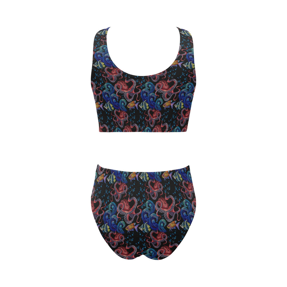 Octopus sea wave tropical fishe pattern Chest Bowknot High Waisted Bikini Swimsuit