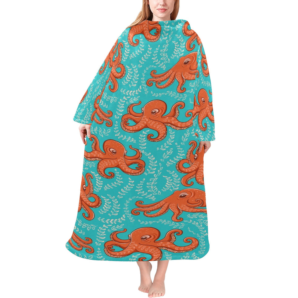 Octopus turquoise background Blanket Robe with Sleeves