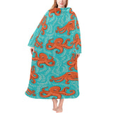 Octopus turquoise background Blanket Robe with Sleeves