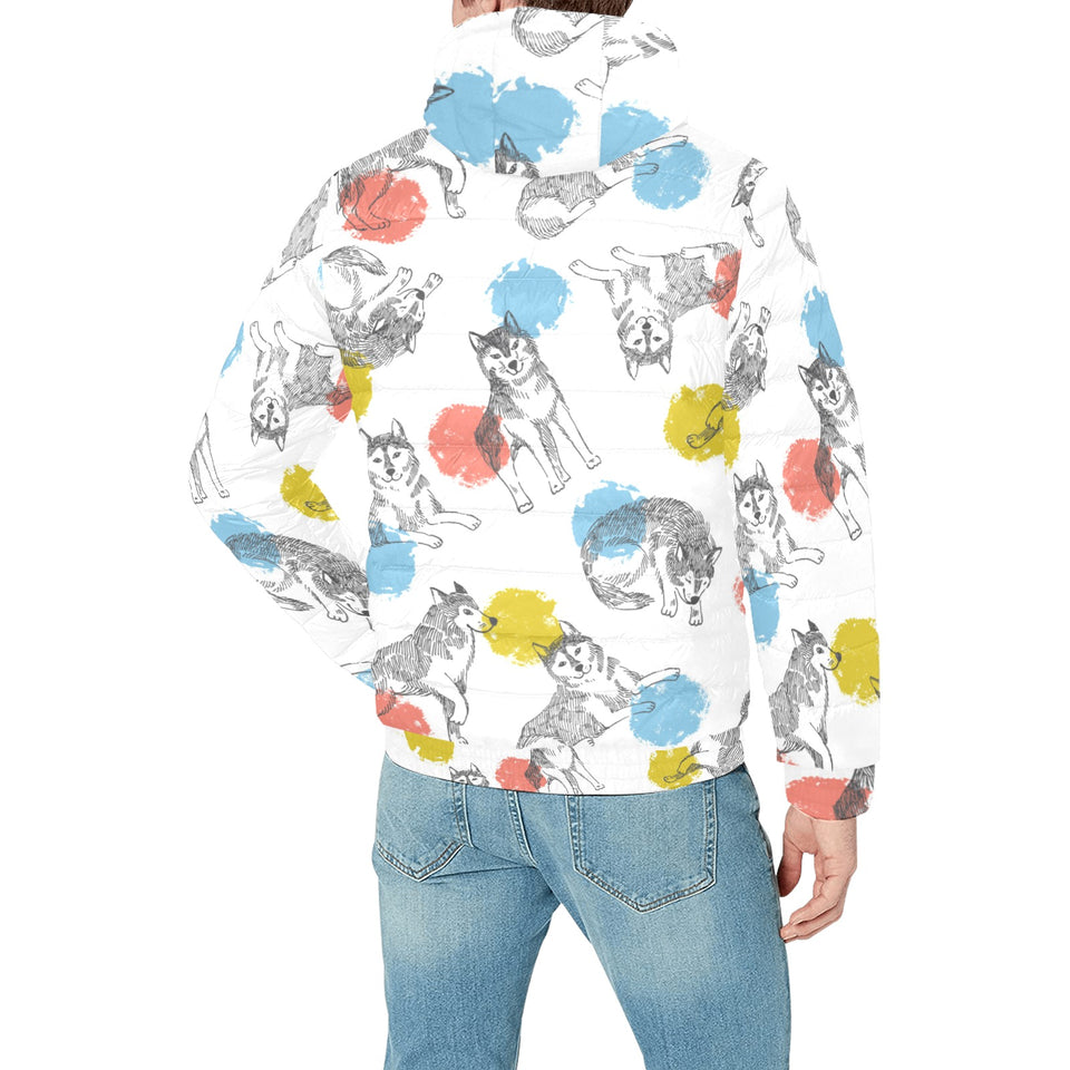 Siberian husky and colorful circle pattern Men's Padded Hooded Jacket
