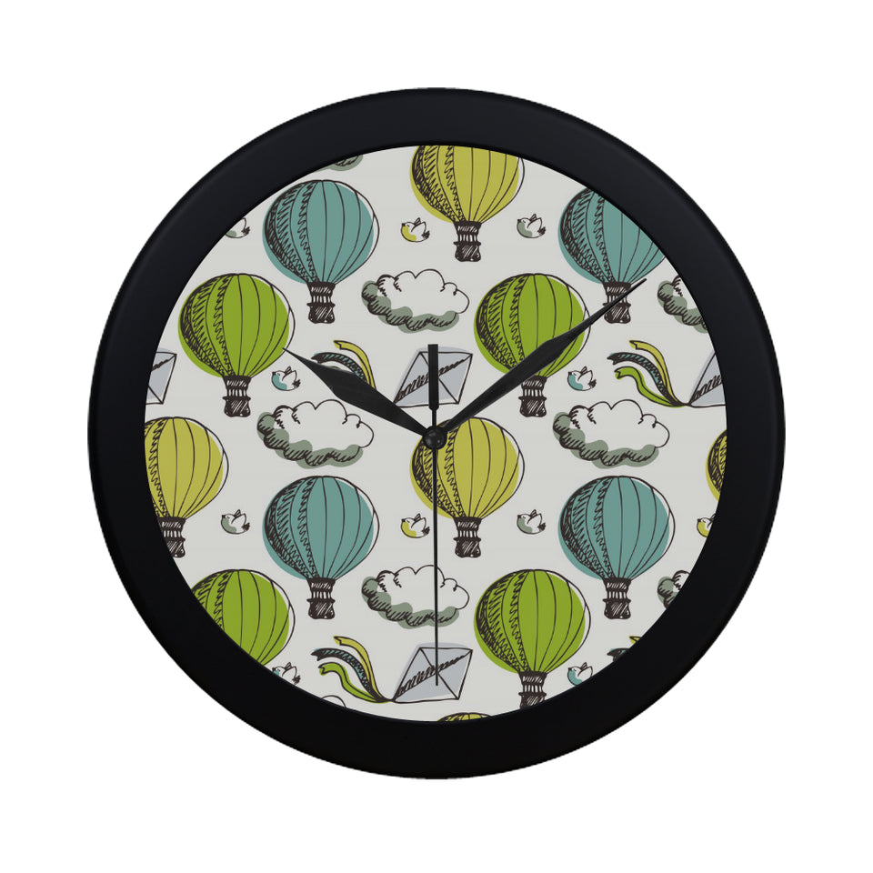 Hot Air Balloon Bird Cloud Pattern Elegant Black Wall Clock