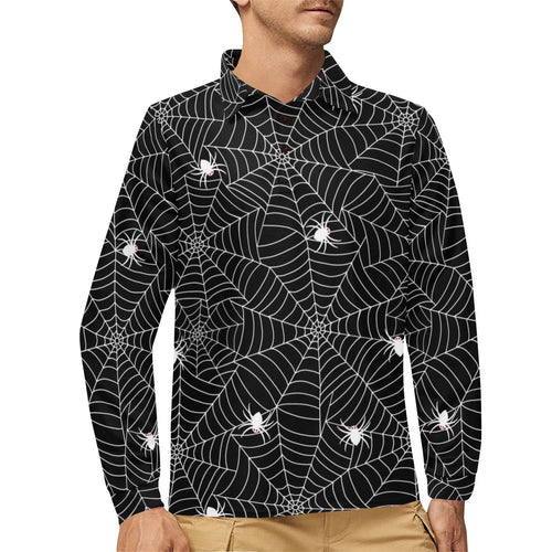 Spider web design pattern Black background white c Men's Long Sleeve Polo Shirt