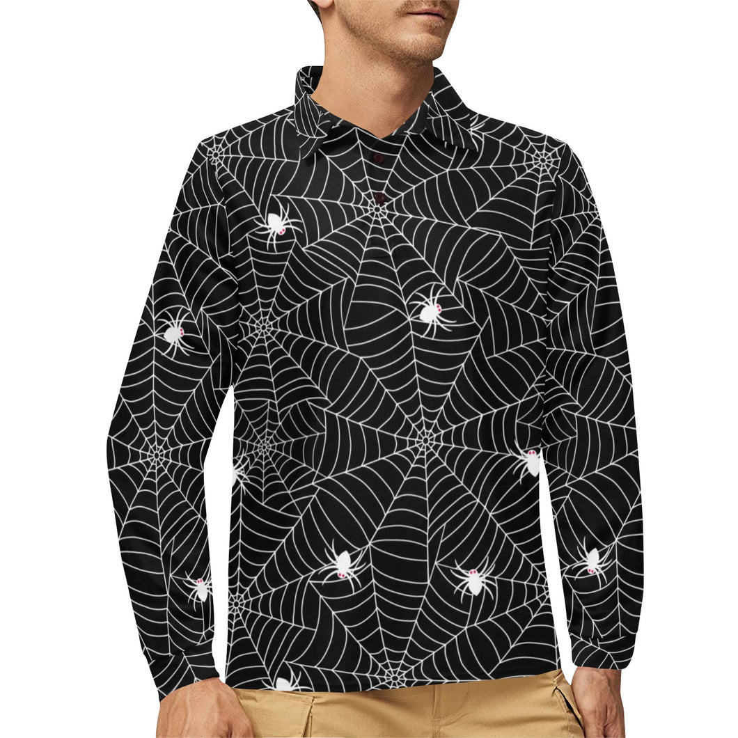 Spider web design pattern Black background white c Men's Long Sleeve Polo Shirt