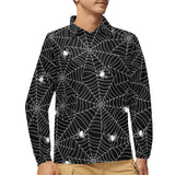 Spider web design pattern Black background white c Men's Long Sleeve Polo Shirt