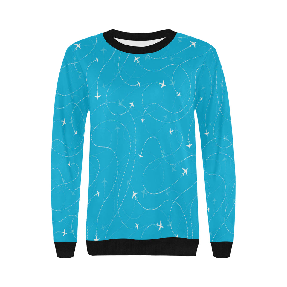 Airplane destinations blue background Women's Crew Neck Sweatshirt