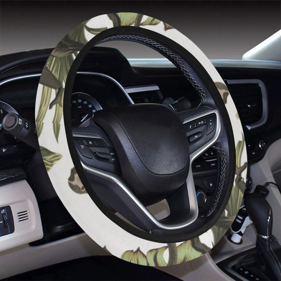Monkey red hibiscus flower palm leaves floral patt Car Steering Wheel Cover