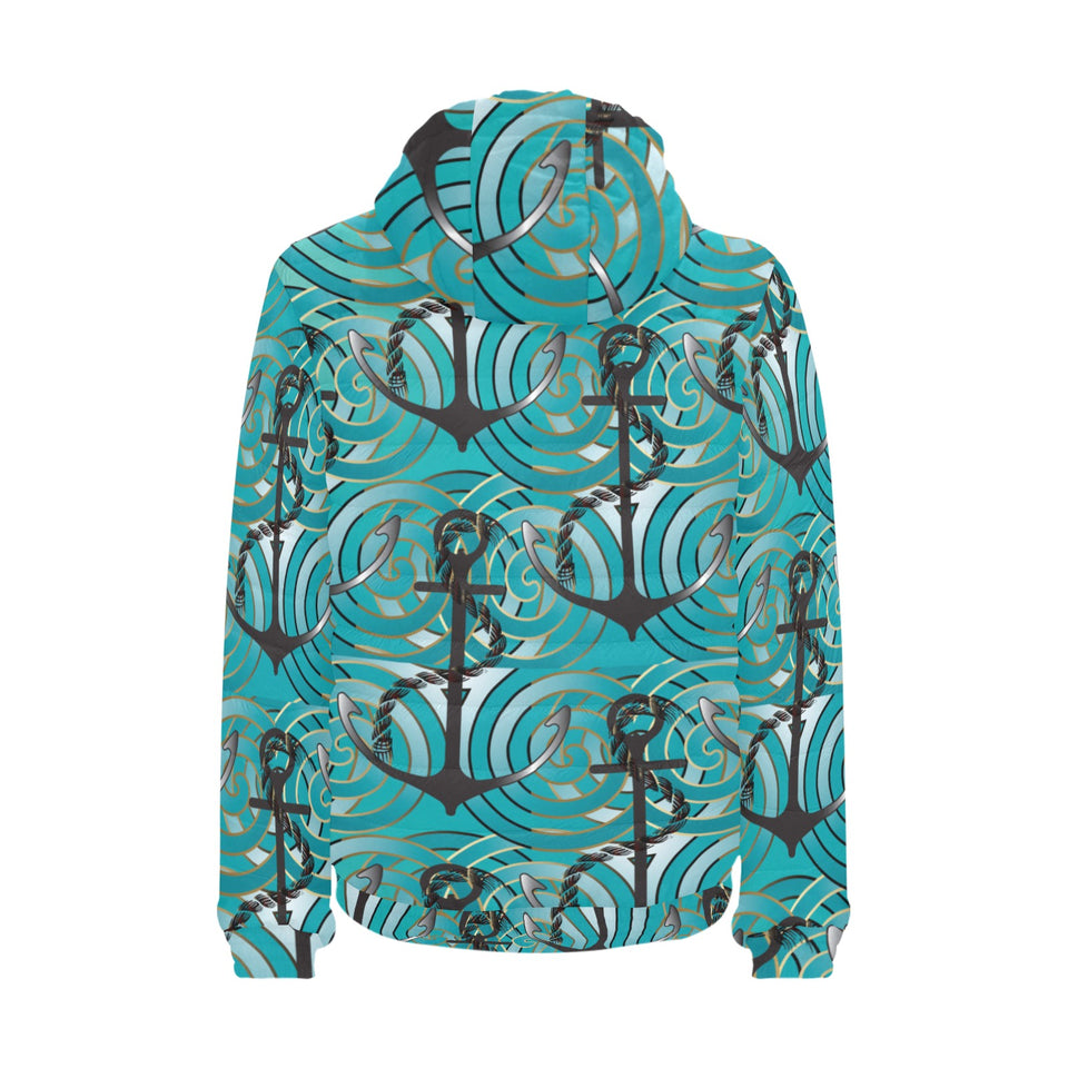 Anchor nautical green background Men's Padded Hooded Jacket