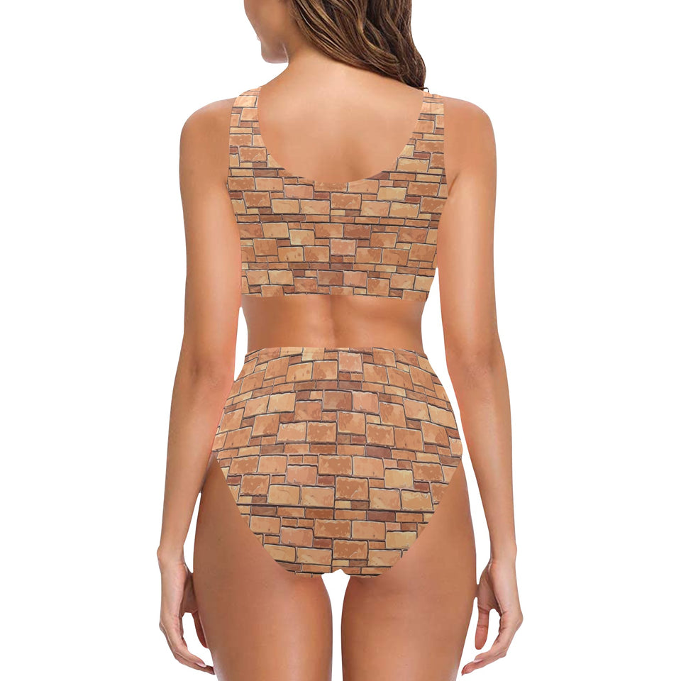 Brick Printed Pattern Print Design 04 Chest Bowknot High Waisted Bikini Swimsuit