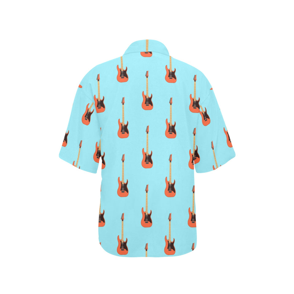 electric guitar pattern light blue background Women's All Over Print Hawaiian Shirt