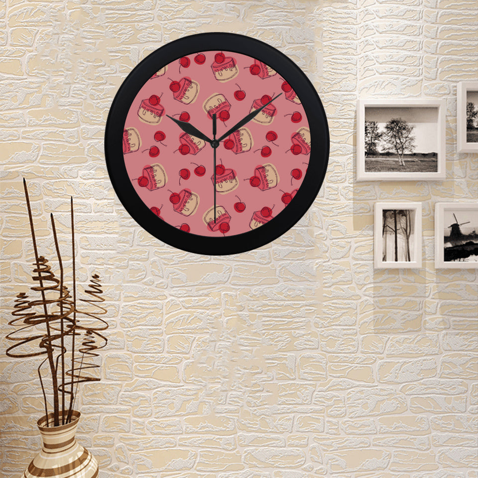 Cake cherry pattern Elegant Black Wall Clock