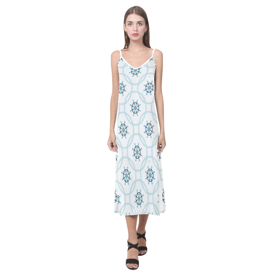 nautical steering wheel chain V-Neck Open Fork Long Dress