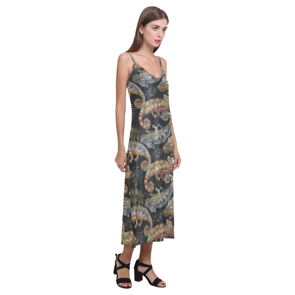 Chameleon lizard tropical leaves palm tree V-Neck Open Fork Long Dress