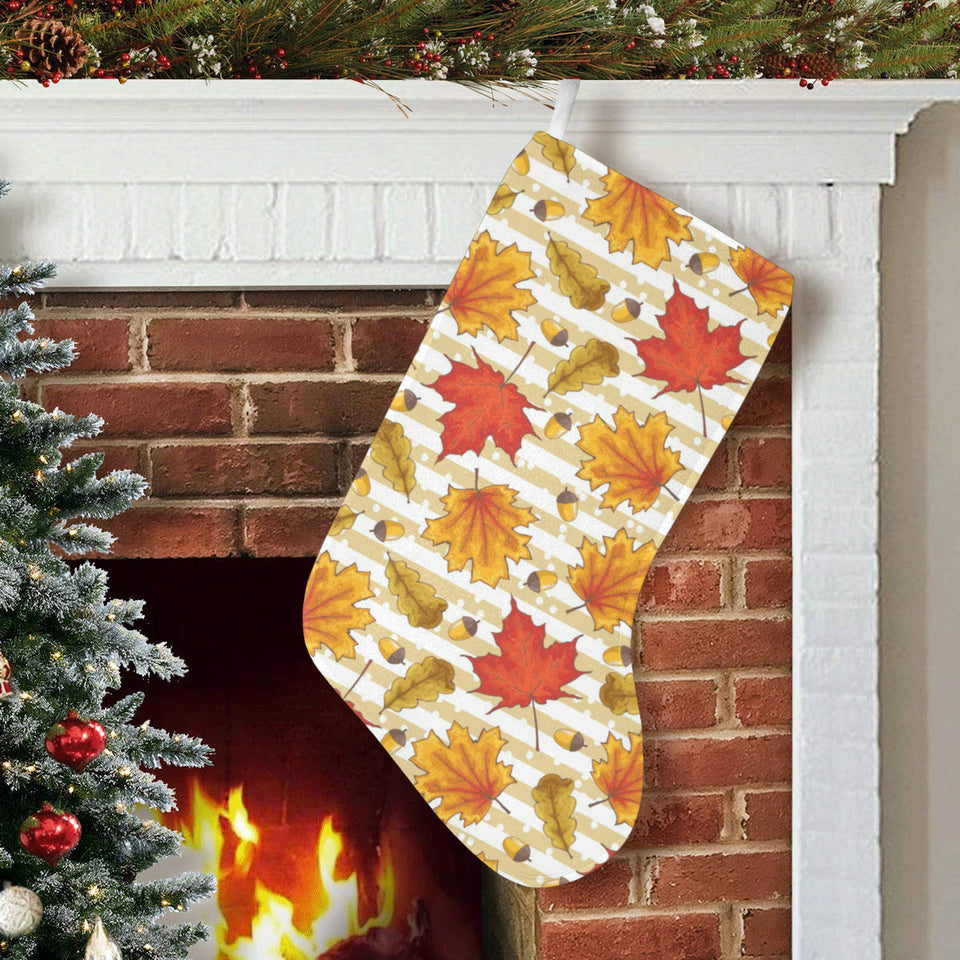 Maple leaf oak leaf acorns beige striped backgroun Christmas Stocking