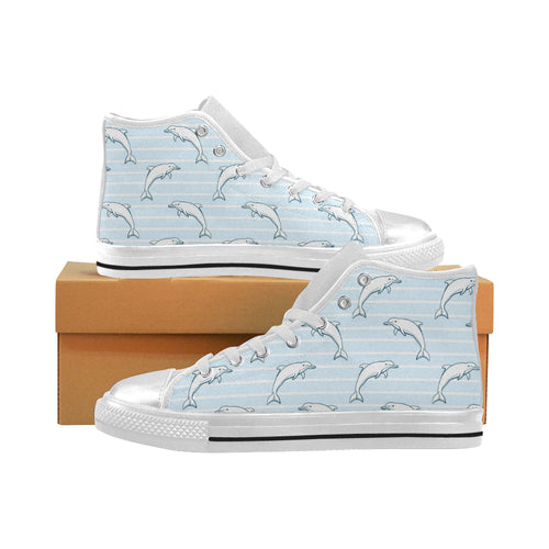 Dolphin blue striped background Women's High Top Canvas Shoes White