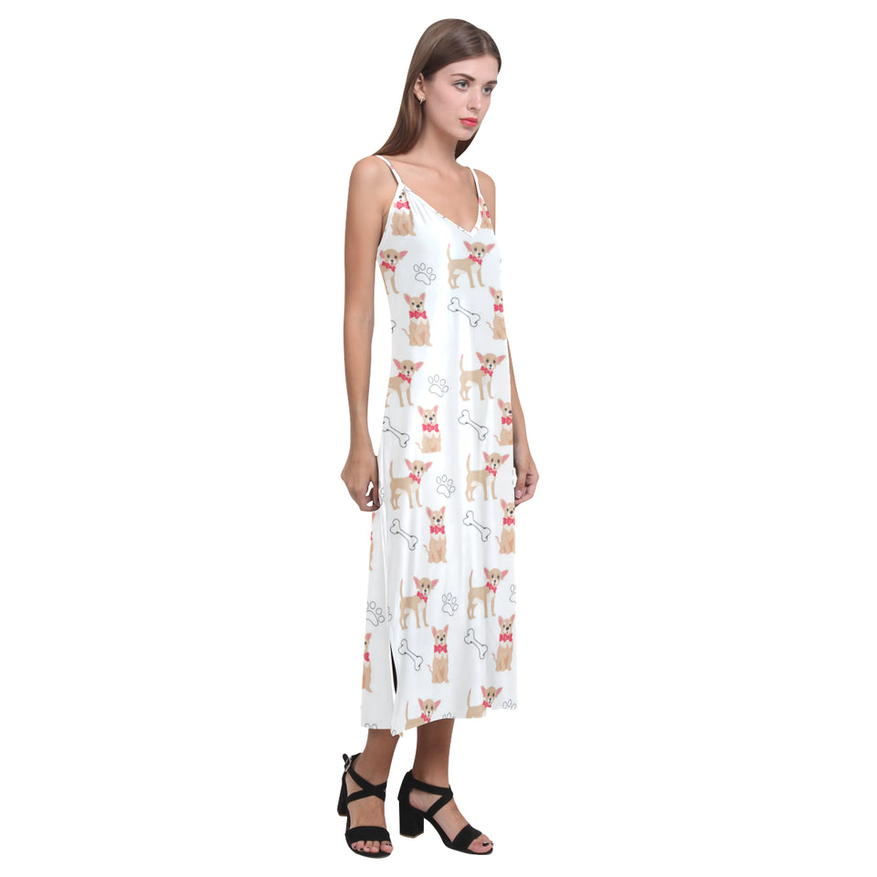 Chihuahua bone paw pattern V-Neck Open Fork Long Dress