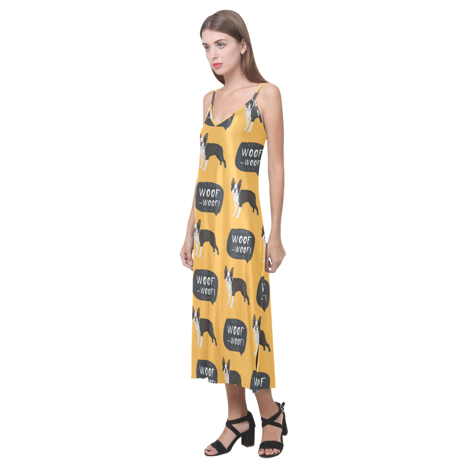 Boston terrier design pattern V-Neck Open Fork Long Dress