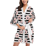 Donuts pink icing striped pattern Women's Short Kimono Robe