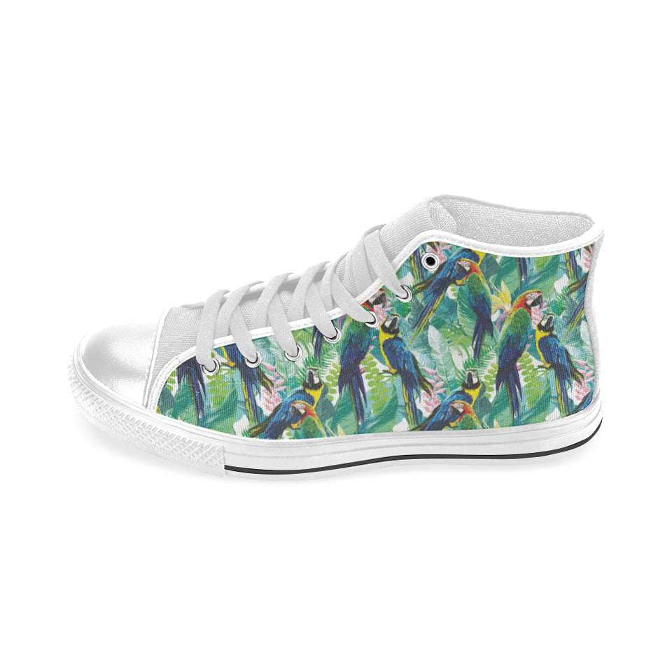 Colorful parrot exotic flower leaves Men's High Top Canvas Shoes White