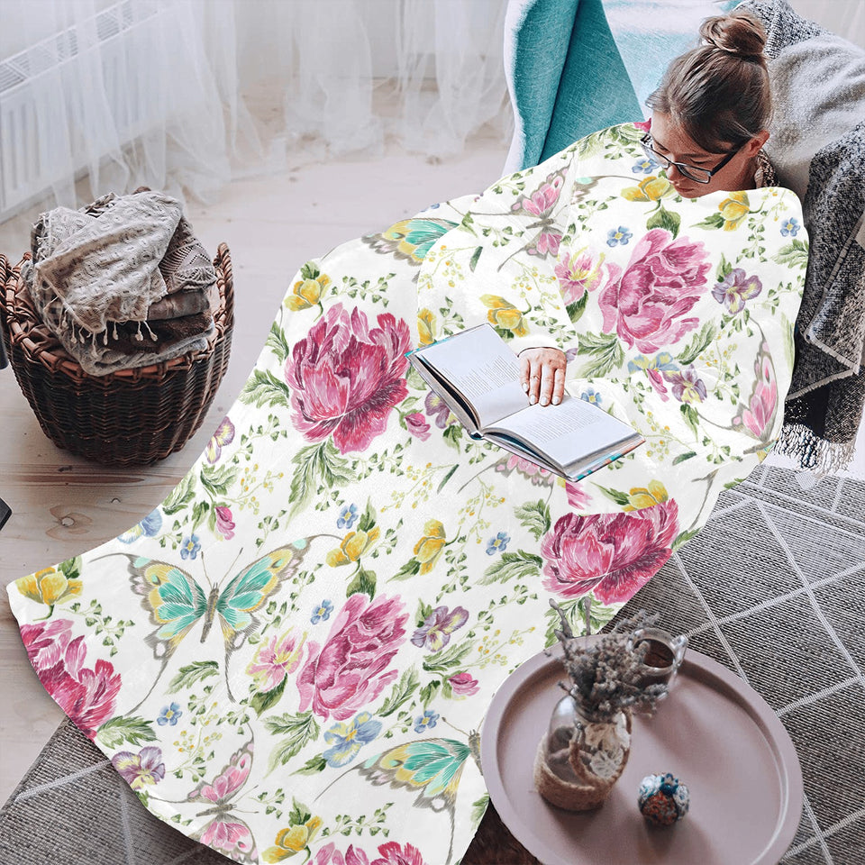 Hand drawn butterfly rose Blanket Robe with Sleeves