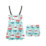 Red White sailboat wave background Chest Sexy Pleated Two Piece Swim Dress