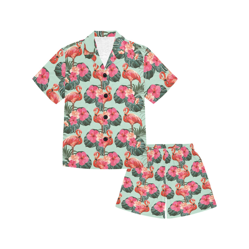Beautiful flamingo tropical palm leaves hibiscus p Kids' Boys' Girls' V-Neck Short Pajama Set