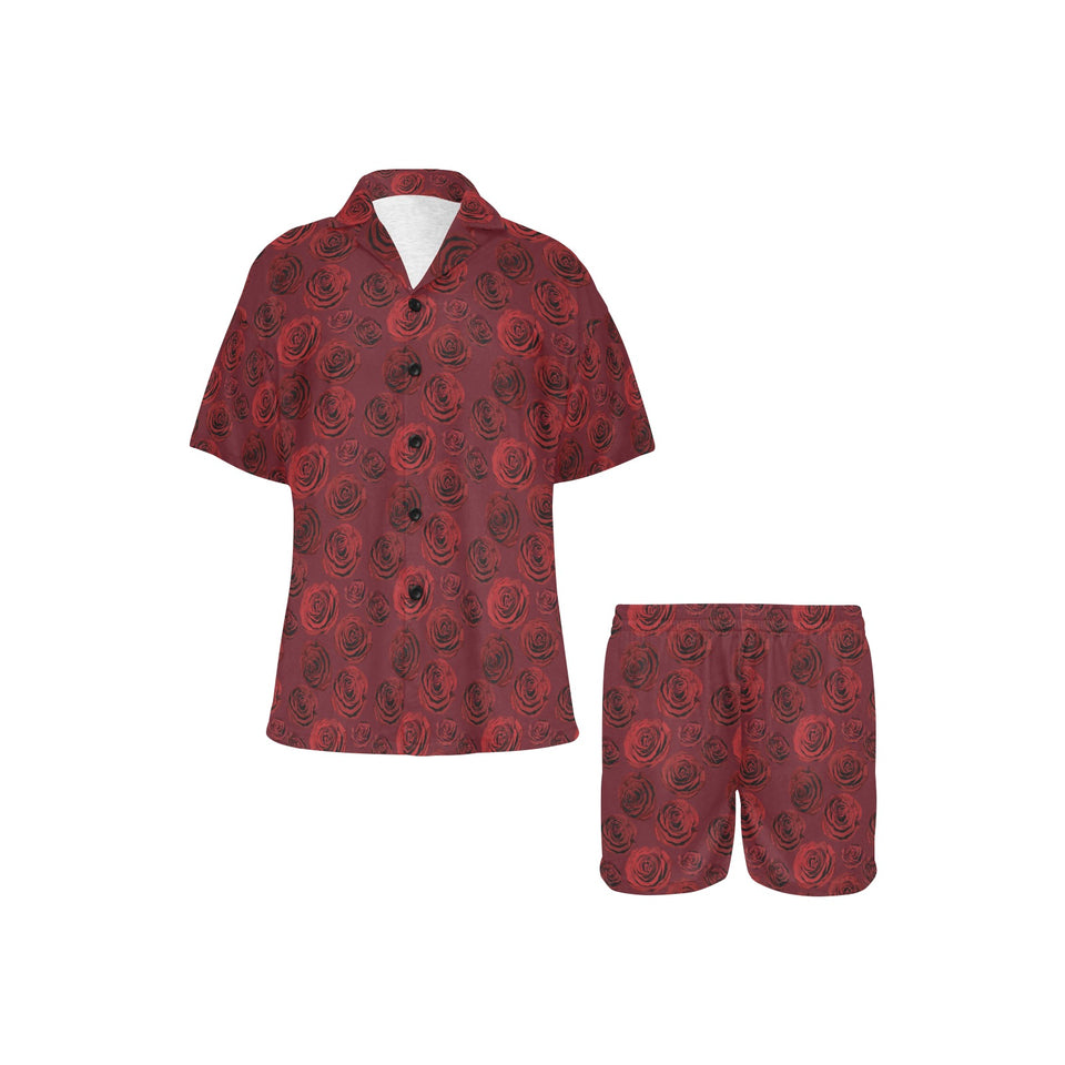 Rose Pattern Print Design 03 Women's V-Neck Short Pajama Set