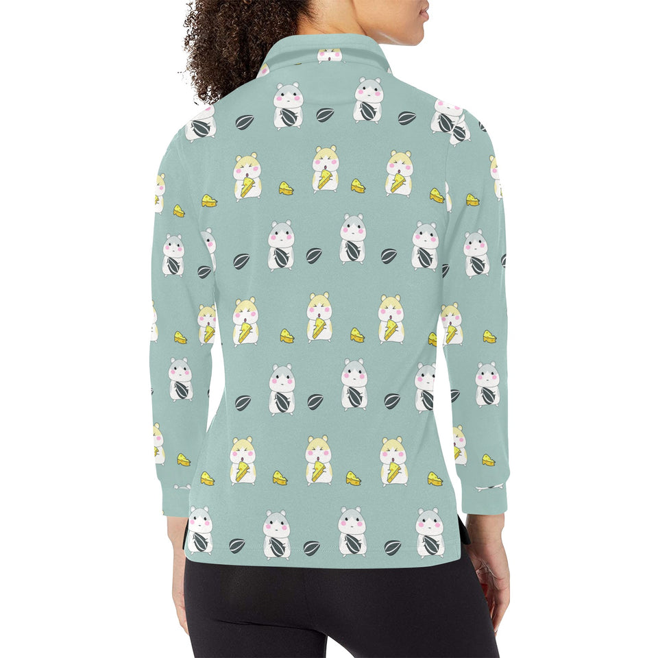 Cute hamster cheese pattern Women's Long Sleeve Polo Shirt