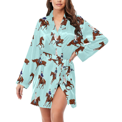 Horses running horses rider pattern Women's Long Sleeve Belted Night Robe