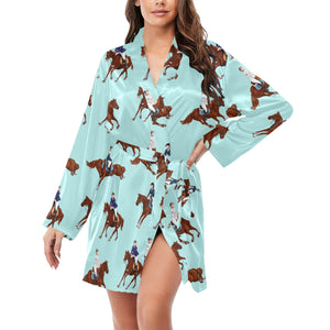 Horses running horses rider pattern Women's Long Sleeve Belted Night Robe