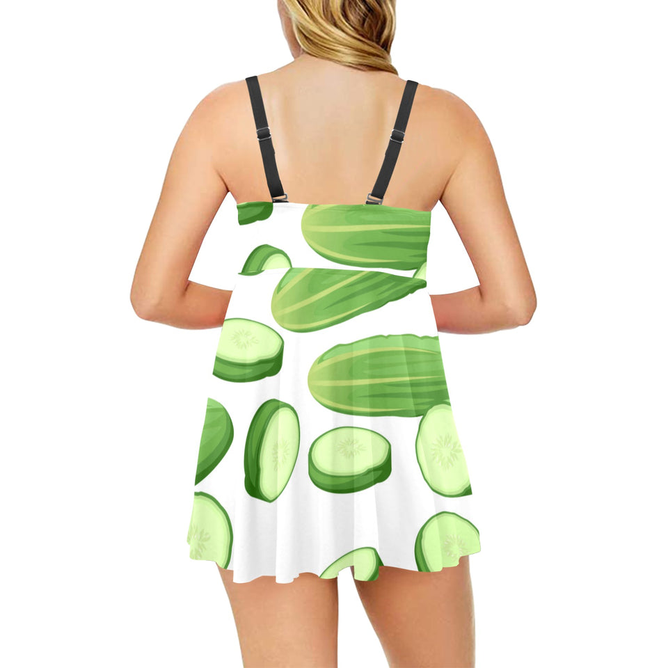 cucumber whole slices pattern Chest Sexy Pleated Two Piece Swim Dress