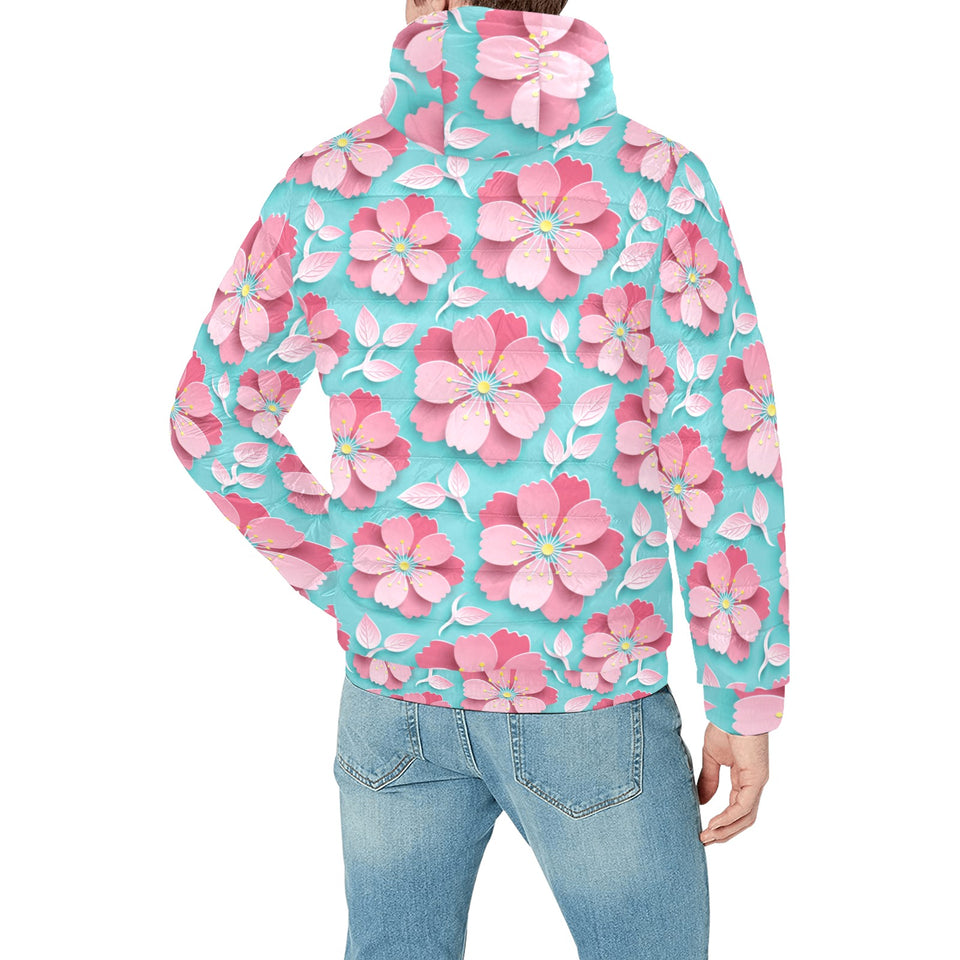 3D sakura cherry blossom pattern Men's Padded Hooded Jacket