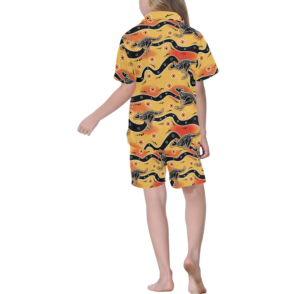 Kangaroo Australian aboriginal art pattern Kids' Boys' Girls' V-Neck Short Pajama Set
