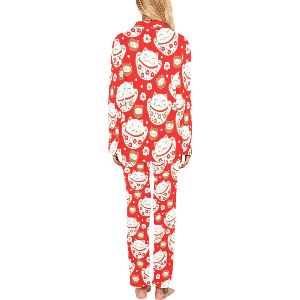 Cute Maneki neko cat red background Women's Long Pajama Set