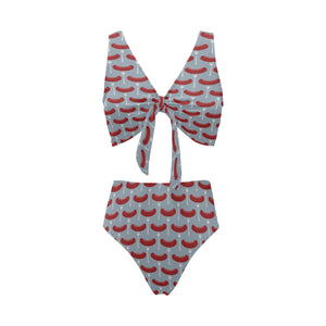 Sausage Pattern Print Design 02 Chest Bowknot High Waisted Bikini Swimsuit