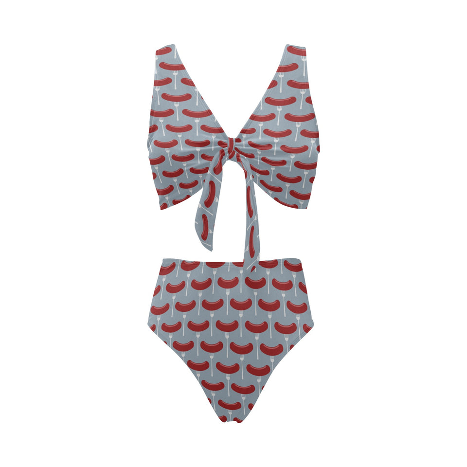 Sausage Pattern Print Design 02 Chest Bowknot High Waisted Bikini Swimsuit