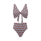 Sausage Pattern Print Design 02 Chest Bowknot High Waisted Bikini Swimsuit