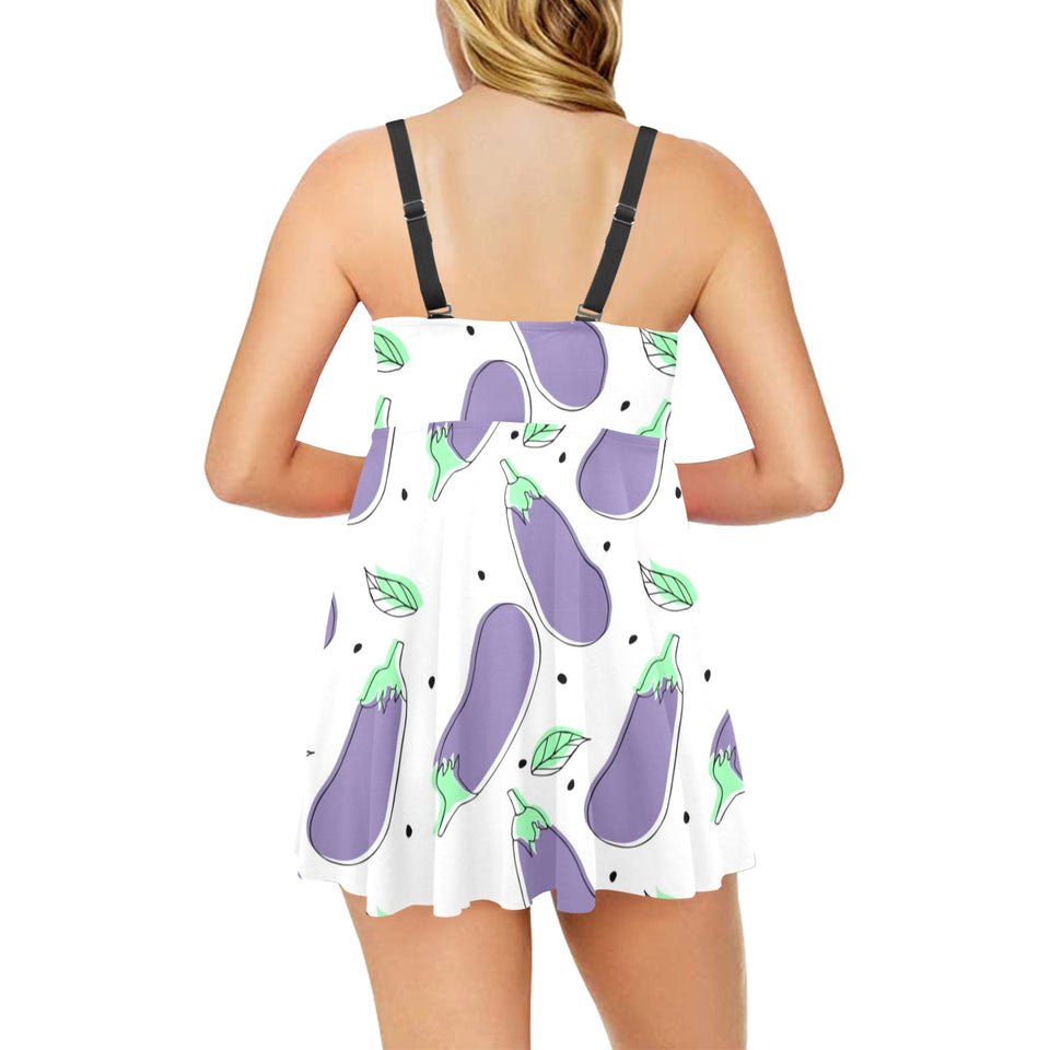 Eggplant Pattern Print Design 05 Chest Sexy Pleated Two Piece Swim Dress