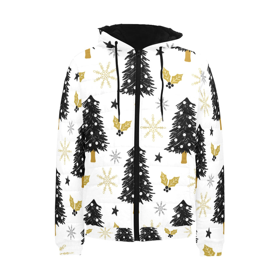 Christmas tree holly snow star pattern Men's Padded Hooded Jacket