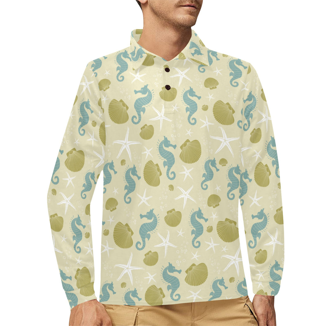 Seahorse shell starfish pattern background Men's Long Sleeve Polo Shirt