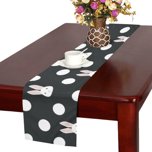 Cute white rabbit polka dots black background Table Runner