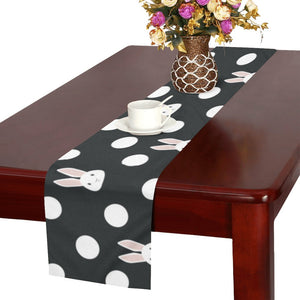 Cute white rabbit polka dots black background Table Runner