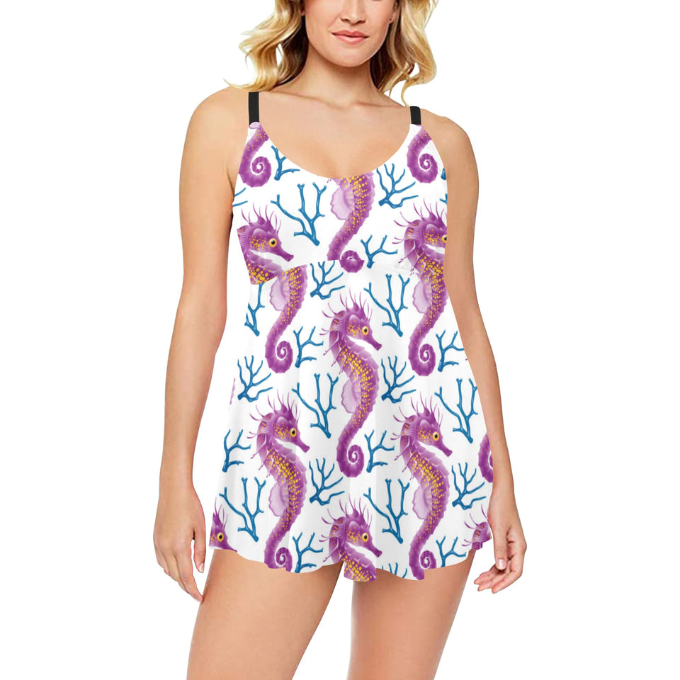 Purple seahorse blue coral pattern Chest Sexy Pleated Two Piece Swim Dress