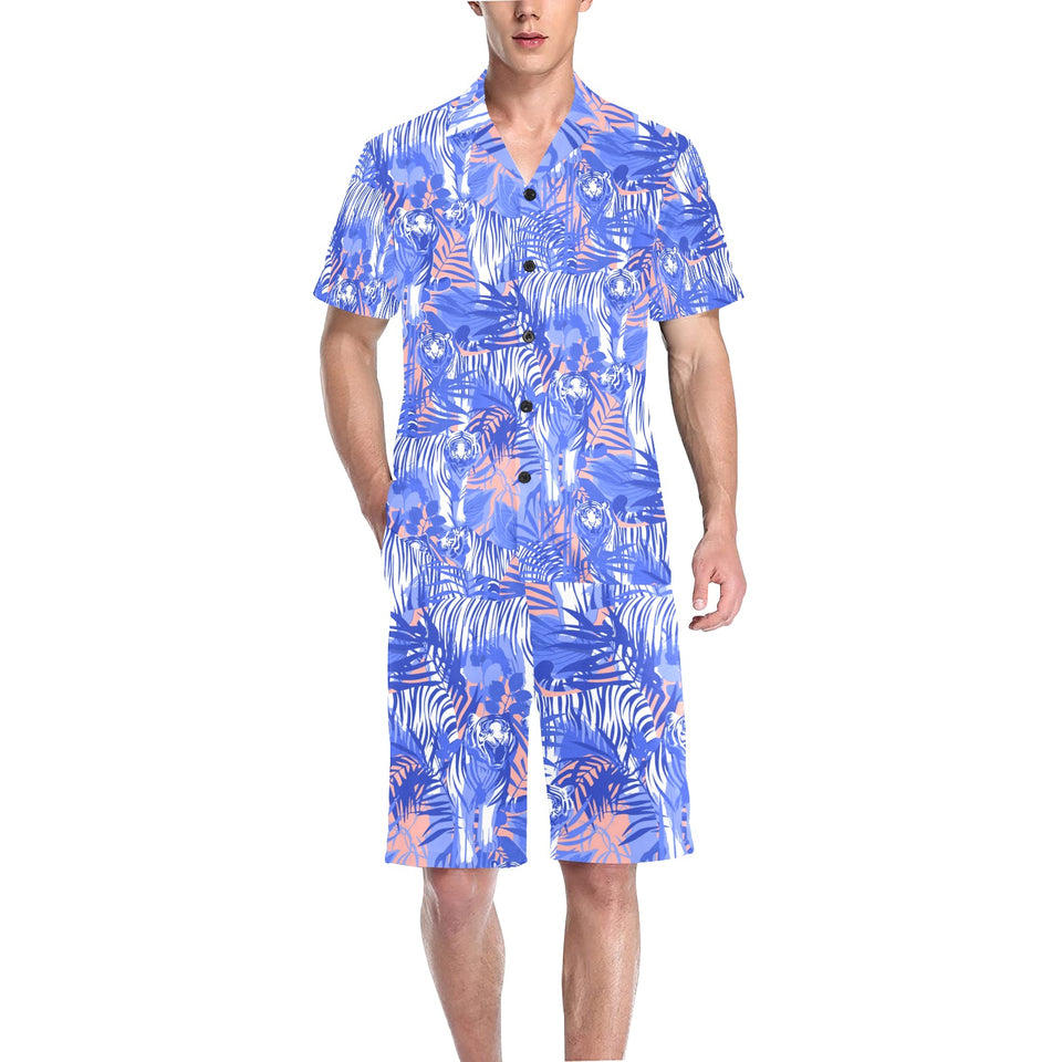 white bengal tigers pattern Men's V-Neck Short Pajama Set