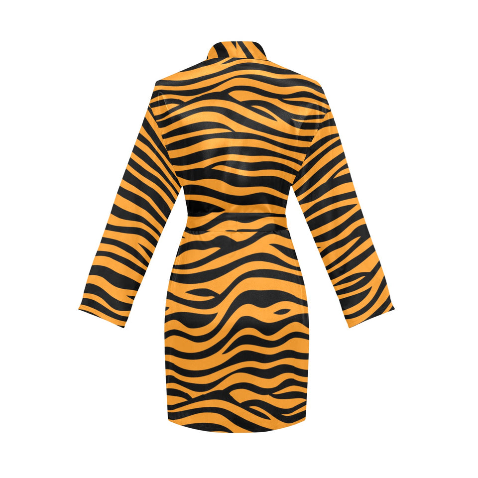 Bengal tigers skin print pattern background Women's Long Sleeve Belted Night Robe