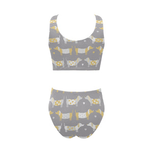 Cute dachshund dog pattern Chest Bowknot High Waisted Bikini Swimsuit