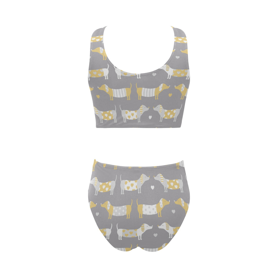 Cute dachshund dog pattern Chest Bowknot High Waisted Bikini Swimsuit