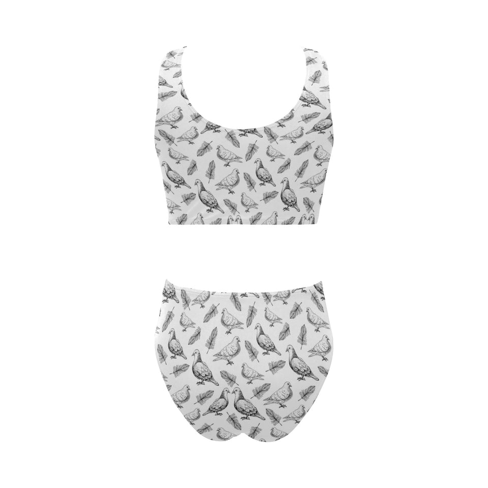 Pigeon Pattern Print Design 05 Chest Bowknot High Waisted Bikini Swimsuit