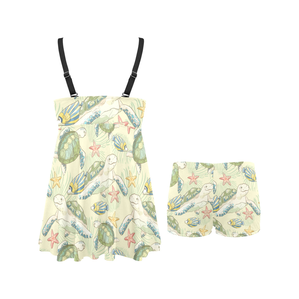 Hand drawn sea turtle fish pattern Chest Sexy Pleated Two Piece Swim Dress
