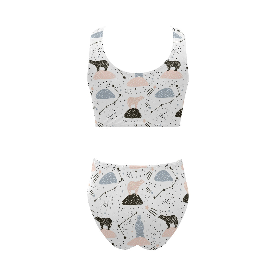 Polar bears star poka dot pattern Chest Bowknot High Waisted Bikini Swimsuit