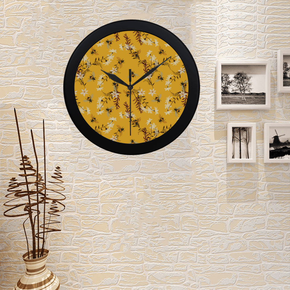Bee flower pattern Elegant Black Wall Clock